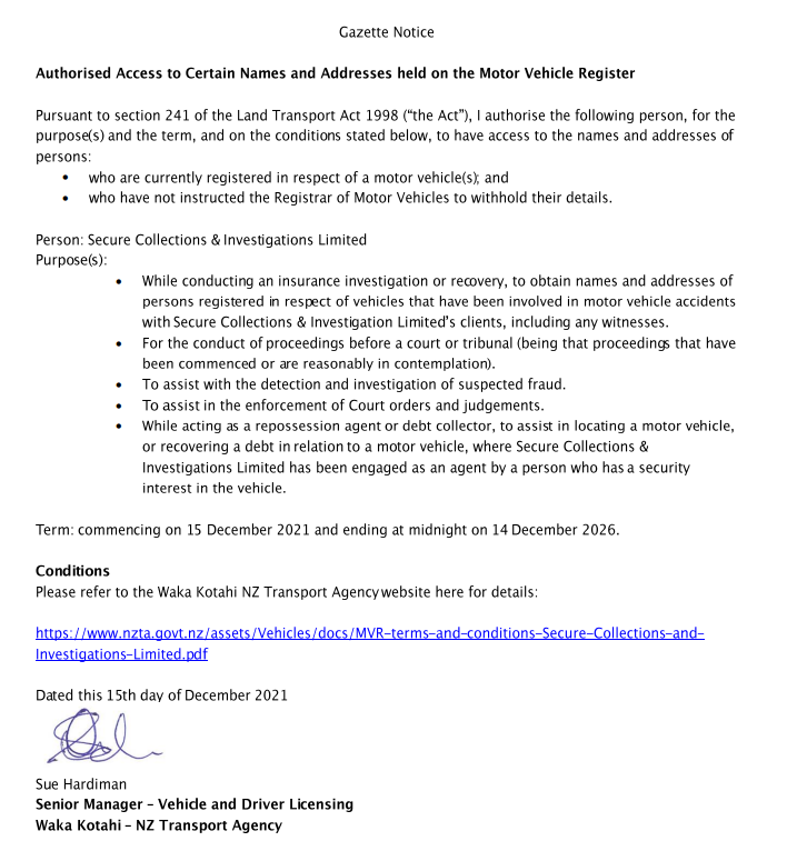 Gazette Notice – Authorised Access to Certain Names and Addresses held on the Motor Vehicle Register